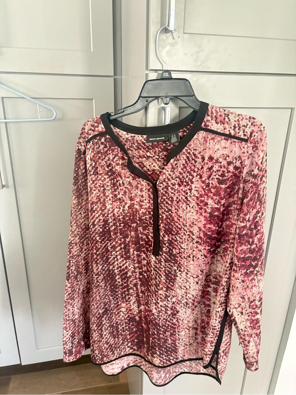 DKNY Pink and Black Patterned Long-Sleeve Blouse